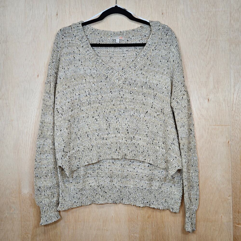 GB Gianni Bini Cropped Tan/Cream/Black With Gold Sequins V-Neck‎ Sweater Size L